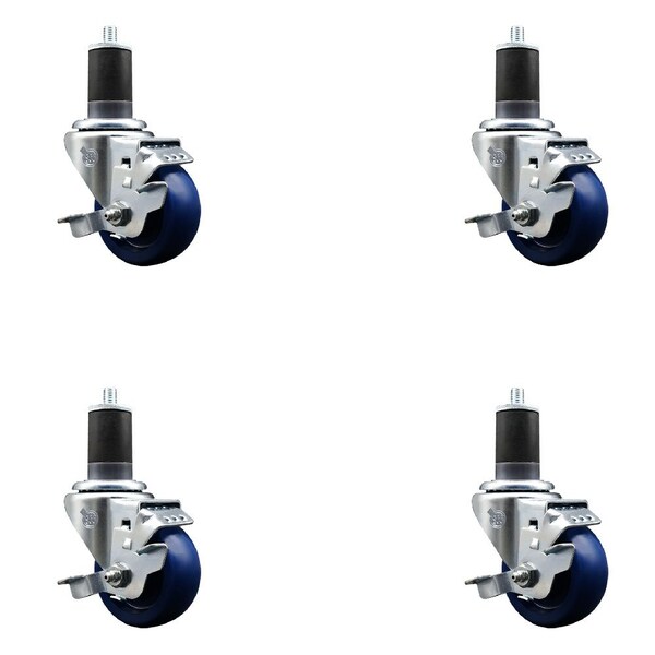 3'' Solid Poly Swivel 1-5/8'' Expanding Stem Caster Set with Brake, 4PK